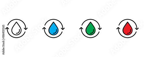 Recycling water droplets icon set vector on white background. sustainable, reuse, reduce, waste, management, water conservation symbol. vector illustration.