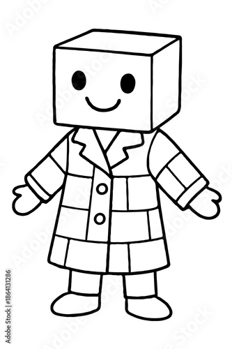 Cute Cube Head Robot Doctor Coloring Page with Lab Coat Smiling Face Block Character for Kids Preschool Fun Activity