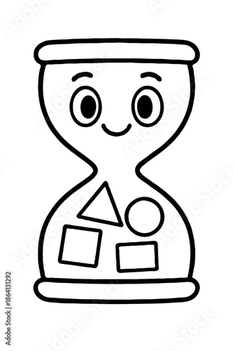 Cute Hourglass Coloring Page with Smiling Face Big Eyes Geometric Shapes Time Clock for Kids Preschool Educational Learning Activity