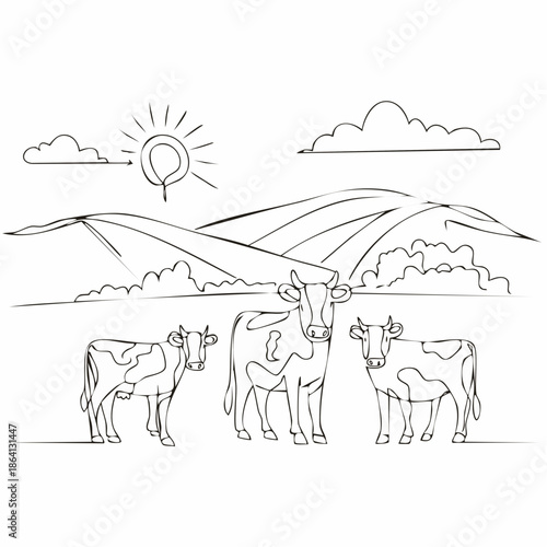Cows on pasture. Continuous one line drawing. Cow milk farm concept in simple linear style.