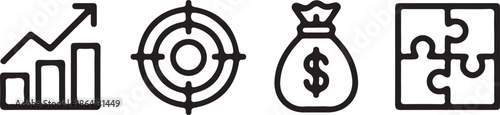 Set of four fundamental business concept icons displayed as black line drawings featuring a rising bar chart, target, money bag, and puzzle pieces.