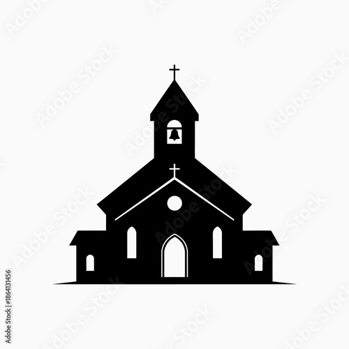 Church Silhouette Vector Icon. Black Religious Building with Cross and Bell. Simple Christian Chapel Symbol Design.