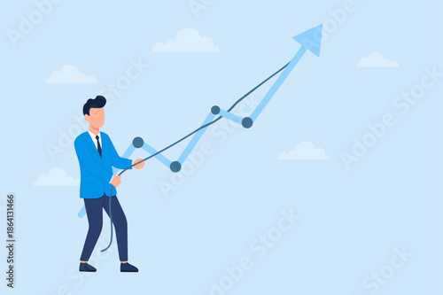 Businessman pulling up stock market growth arrow with rope for business success concept illustration art