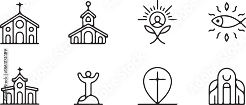 Collection of simple black outline icons representing various Christian religious concepts including churches, crosses, and prayer symbols.