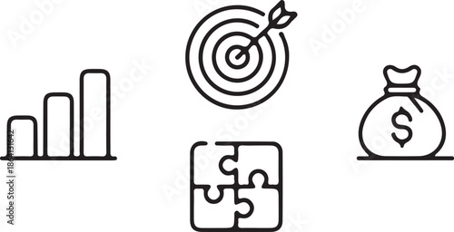 Set of business strategy icons including a bar chart showing growth, a target with an arrow hitting the center, and a money bag.