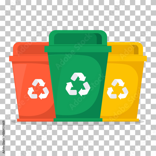Three colorful recycling bins, red, green, and yellow, with universal recycling symbols, promoting waste separation and environmental care.