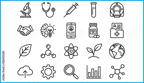 Science, medicine, and technology icon set, microscope, stethoscope, syringe, atom, cloud upload, telemedicine, data analysis