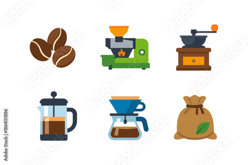 Coffee essentials: modern flat icons of beans, grinder, brewer and french press