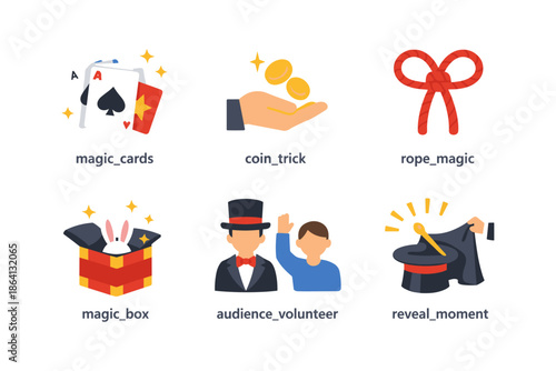 Magic tricks collection: cards, coins, and illusions in flat design