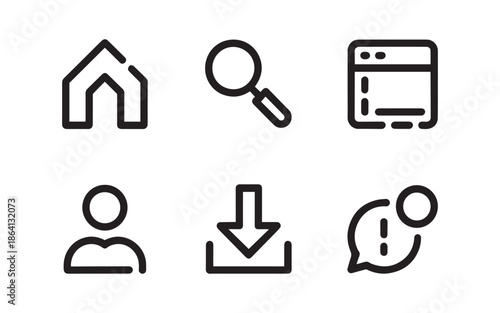 User Interface Icon Set with Home Search Browser Profile Download and Chat Symbols Vector Graphic