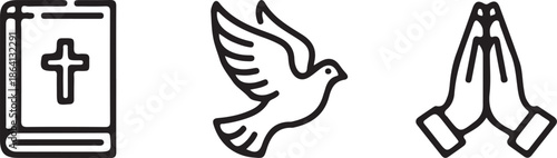 A religious iconographic set displays a holy book with a cross, a flying dove symbolizing peace, and two hands pressed together in prayer gesture.