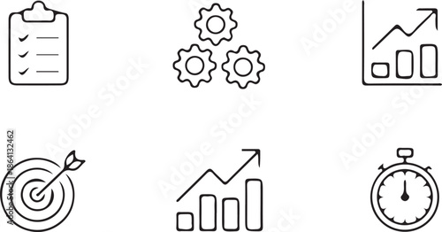 Assortment of outline icons depicting operational strategy elements such as a clipboard, three interlocking gears, rising bar chart, target with arrow, and stopwatch.