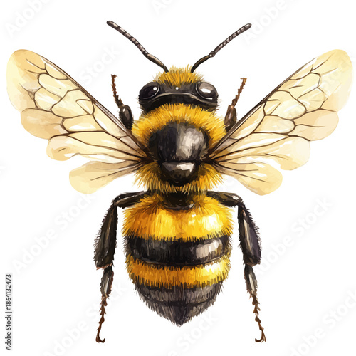 Bee, watercolor vector portraying a joyful pose with colorful highlights, isolated on a white background.