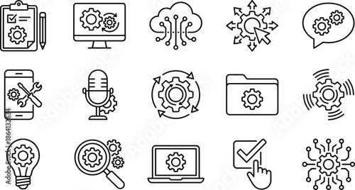 Technology process and automation icons set featuring gears cloud computing workflow optimization system configuration digital operations and smart software management concepts