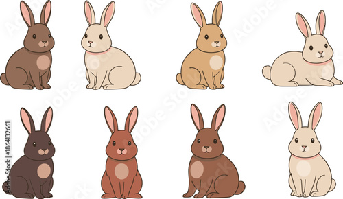 Cute rabbit character set in different colors and sitting poses cartoon animal vector illustration
