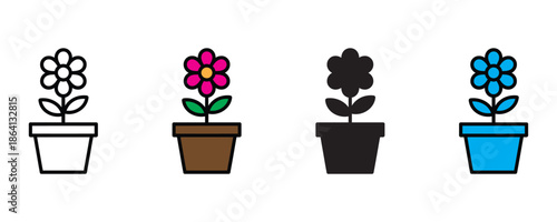 Flower pots with vibrant blooms in various style icon set vector on white background.  flower icons, plant graphics, vibrant flowers, decorative plant icon. vector illustration.