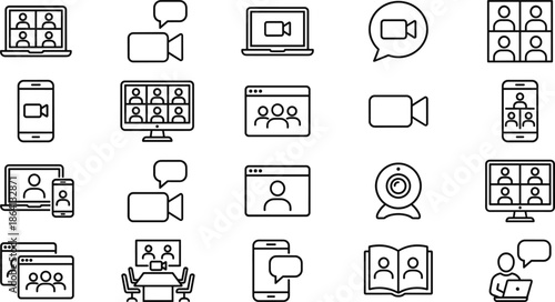 Video conferencing and online meeting line icon set for virtual communication webinars teamwork remote work collaboration platforms digital business solutions