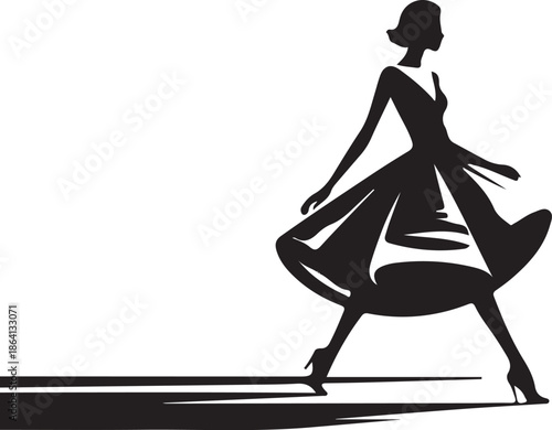 Elegant silhouette of a woman in a flared dress walking confidently toward the left casting a dramatic shadow on the white ground plane.