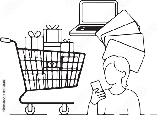 Customer making an online purchase using a smartphone near a shopping cart filled with gifts, supported by a laptop and credit cards.