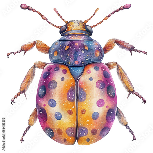 Beetle, watercolor vector portraying a joyful pose with colorful highlights, isolated on a white background.