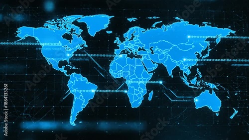 Wallpaper Mural Digital world map with glowing blue lines and continents Torontodigital.ca