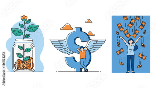 Passive income illustration set featuring characters enjoying financial freedom and independence...eps