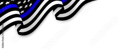 Thin Blue Line US flag in black and white with blue stripe, waving over white background. Thin Blue Line American flag symbol of law enforcement support, police officer memorial.