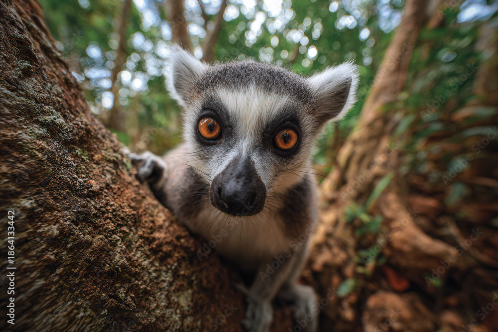 Obraz premium Lemur looking towards the camera in a forest during daylight hours