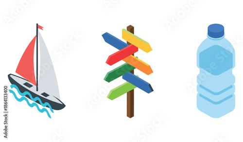 Sailboat, directional sign, and bottle illustration