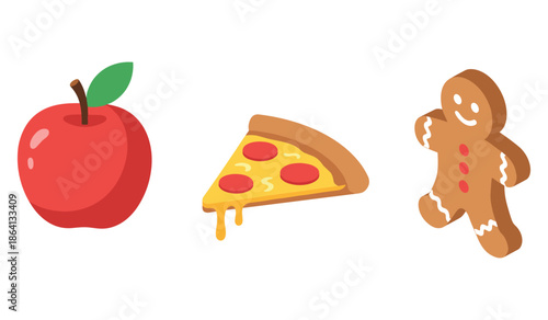 Colorful cartoon food: apple, pizza slice, gingerbread man on white background