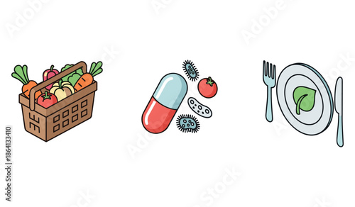 Healthy eating concept: groceries, probiotics, and balanced meal preparation