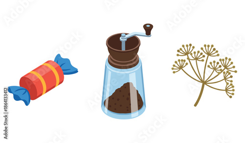 Pepper grinder and fennel illustration with wrapped candy on white background