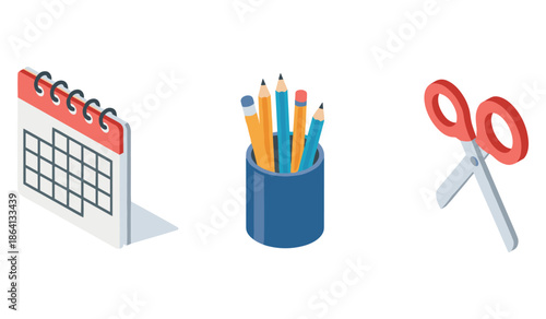 Isometric office supplies with calendar, pencil holder, and scissors