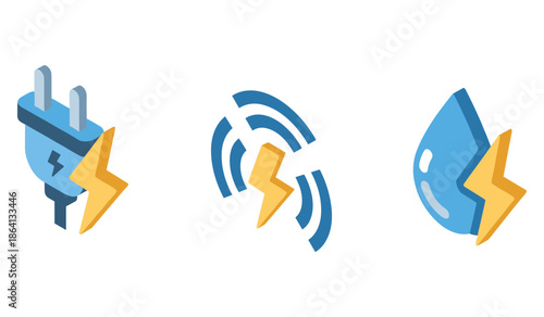 Energy icons: plug, signal, and water drop with thunderbolt symbols