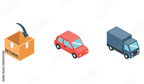 Returns box, red car, blue truck icons - simplified transport concept