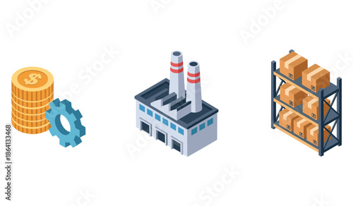 Industrial production and logistics: factory, gear, coin, and warehouse illustration