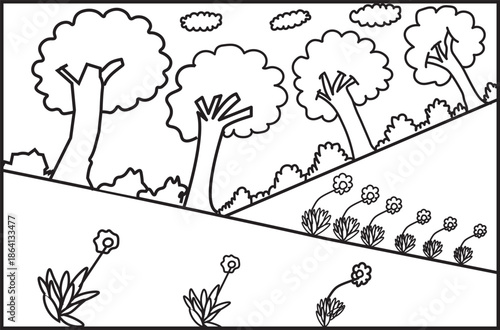 Hand drawn mountain plants line art, can be used as the inside page of a line art book. Black and white