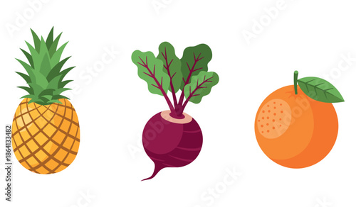 Colorful illustration of pineapple, beetroot, and orange on white background