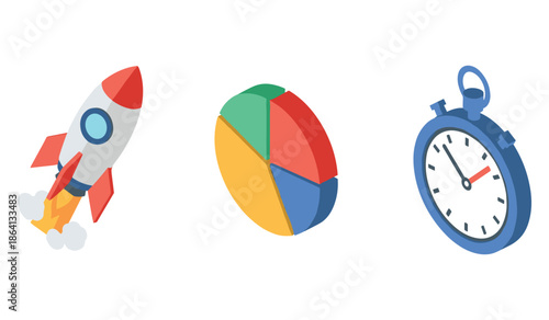 Rocket, pie chart, and stopwatch illustrations on white background