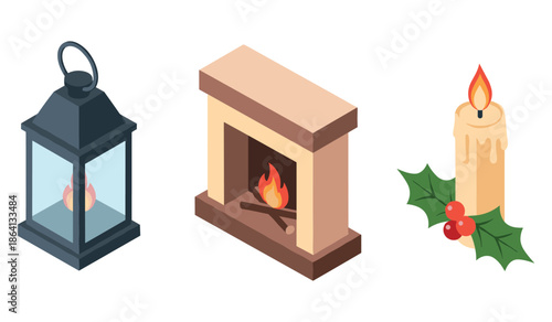Cozy lantern, fireplace, and candle with holly for winter ambiance