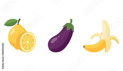 Colorful trio: lemon, eggplant, and banana on white background