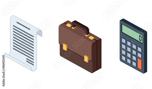 Business essentials: document, briefcase, calculator isometric icons for office use