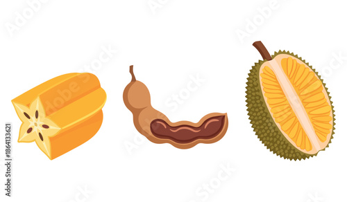 Exotic fruits on white background featuring carambola, tamarind, and durian
