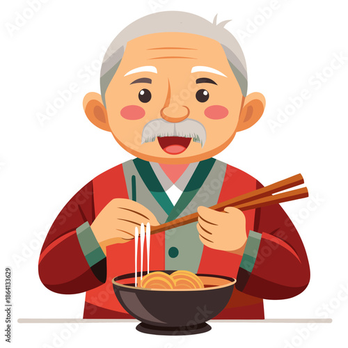 Grandpa is eating noodles