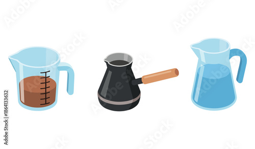 Coffee brewing essentials: measuring jugs and turkish coffee pot