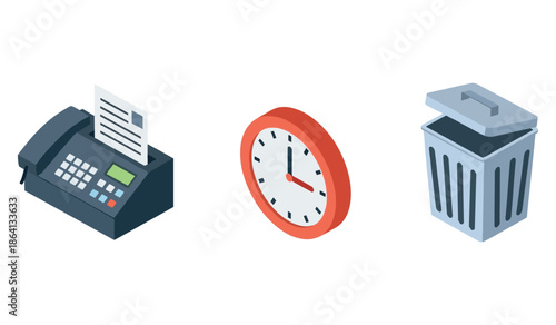 Office supplies: fax machine, wall clock, trash bin – essential tools for productivity
