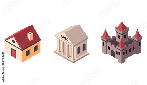 Isometric icons of house, bank, and castle on white background