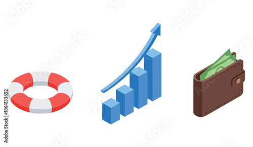 Financial growth concept: lifebuoy, rising graph, wallet with cash