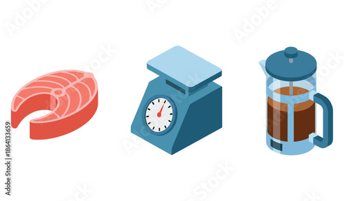 Salmon steak, kitchen scale, and french press: cooking essentials