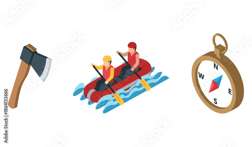 Isometric rafting adventure with oars, axe, and compass